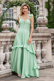 Green A Line Off The Shoulder Corset Maxi Bridesmaid Dress With Ruffles