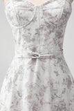 White Brown Flower Spaghetti Straps A Line Bridesmaid Dress With Ruffles