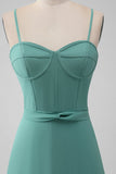 Grey Green Spaghetti Straps A Line Bridesmaid Dress with Ruffles