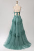 Load image into Gallery viewer, Green A Line Spaghetti Straps Tulle Long Prom Dress with Ruffles