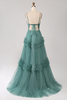 Green A Line Spaghetti Straps Tulle Long Prom Dress with Ruffles