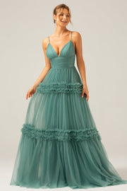 Green Tulle A Line Spaghetti Straps Long Bridesmaid Dress with Ruffles