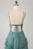 Green A Line Spaghetti Straps Tulle Long Prom Dress with Ruffles