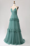 Green A Line Spaghetti Straps Tulle Long Prom Dress with Ruffles