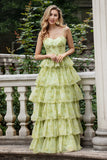 Green Flower A Line Spaghetti Straps Tiered Long Prom Dress With Ruffles