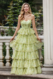 Green Flower A Line Spaghetti Straps Tiered Long Prom Dress With Ruffles