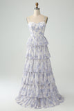 White Blue Flower A Line Spaghetti Straps Tiered Bridesmaid Dress With Ruffles