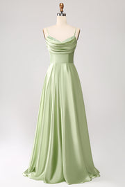 Dusty Sage A Line Cowl Neck Satin Long Prom Dress