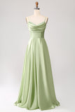 Dusty Sage A Line Cowl Neck Satin Long Prom Dress