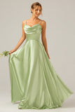 Dusty Sage A Line Cowl Neck Satin Long Bridesmaid Dress