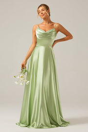 Dusty Sage A Line Cowl Neck Satin Long Bridesmaid Dress