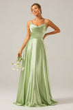 Dusty Sage A Line Cowl Neck Satin Long Bridesmaid Dress