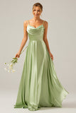 Dusty Sage A Line Cowl Neck Satin Long Bridesmaid Dress