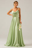 Dusty Sage A Line Cowl Neck Satin Long Bridesmaid Dress