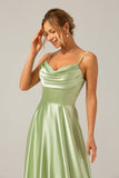 Dusty Sage A Line Cowl Neck Satin Long Bridesmaid Dress