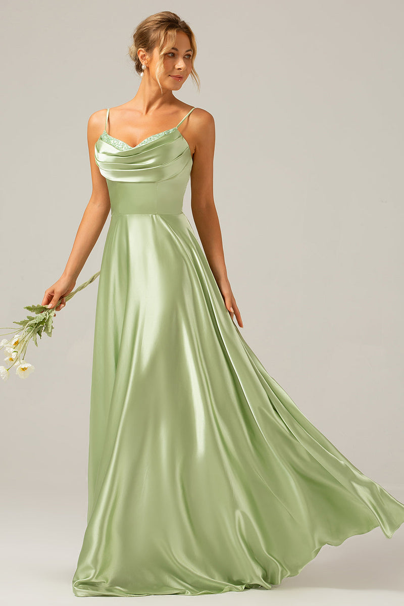 Load image into Gallery viewer, Dusty Sage A Line Cowl Neck Satin Long Bridesmaid Dress