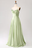 Dusty Sage A Line Cowl Neck Satin Long Prom Dress