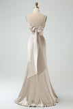 Grey Blue Mermaid Spaghetti Straps Long Satin Bridesmaid Dress with Slit