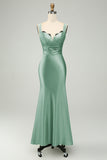 Green Satin Mermaid Long Bridesmaid Dress with Eyelash Lace