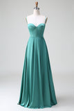 Eucalyptus A Line Spaghetti Straps Corset Pleated Satin Bridesmaid Dress