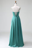 Eucalyptus A Line Spaghetti Straps Corset Pleated Satin Bridesmaid Dress