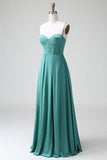 Eucalyptus A Line Spaghetti Straps Corset Pleated Satin Bridesmaid Dress