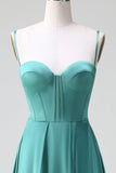 Eucalyptus A Line Spaghetti Straps Corset Pleated Satin Bridesmaid Dress