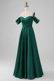 Dark Green Off the Shouder A Line Satin Long Bridesmaid Dress