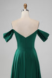 Dark Green Off the Shouder A Line Satin Long Bridesmaid Dress