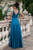 Ink Blue A Line V Neck Keyhole Pleated Long Bridesmaid Dress