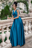 Ink Blue A Line V Neck Keyhole Pleated Long Bridesmaid Dress