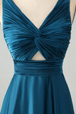 Ink Blue A Line V Neck Keyhole Long Bridesmaid Dress