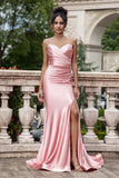 Blush Mermaid Spaghetti Straps Satin Long Prom Dress with Slit