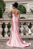 Blush Mermaid Spaghetti Straps Satin Long Prom Dress with Slit