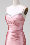 Blush Mermaid Spaghetti Straps Satin Prom Dress with Slit