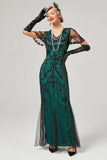 Green Beaded Long Flapper Dress with 1920s Accessories Set