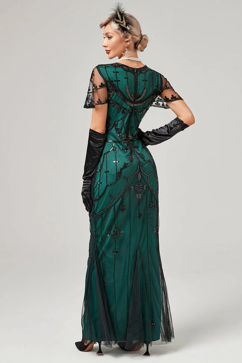 Load image into Gallery viewer, Green Beaded Long Flapper Dress with 1920s Accessories Set