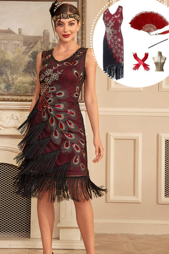 Sparkly Burgundy Fringed Sequins 1920s Dress with Accessories Set