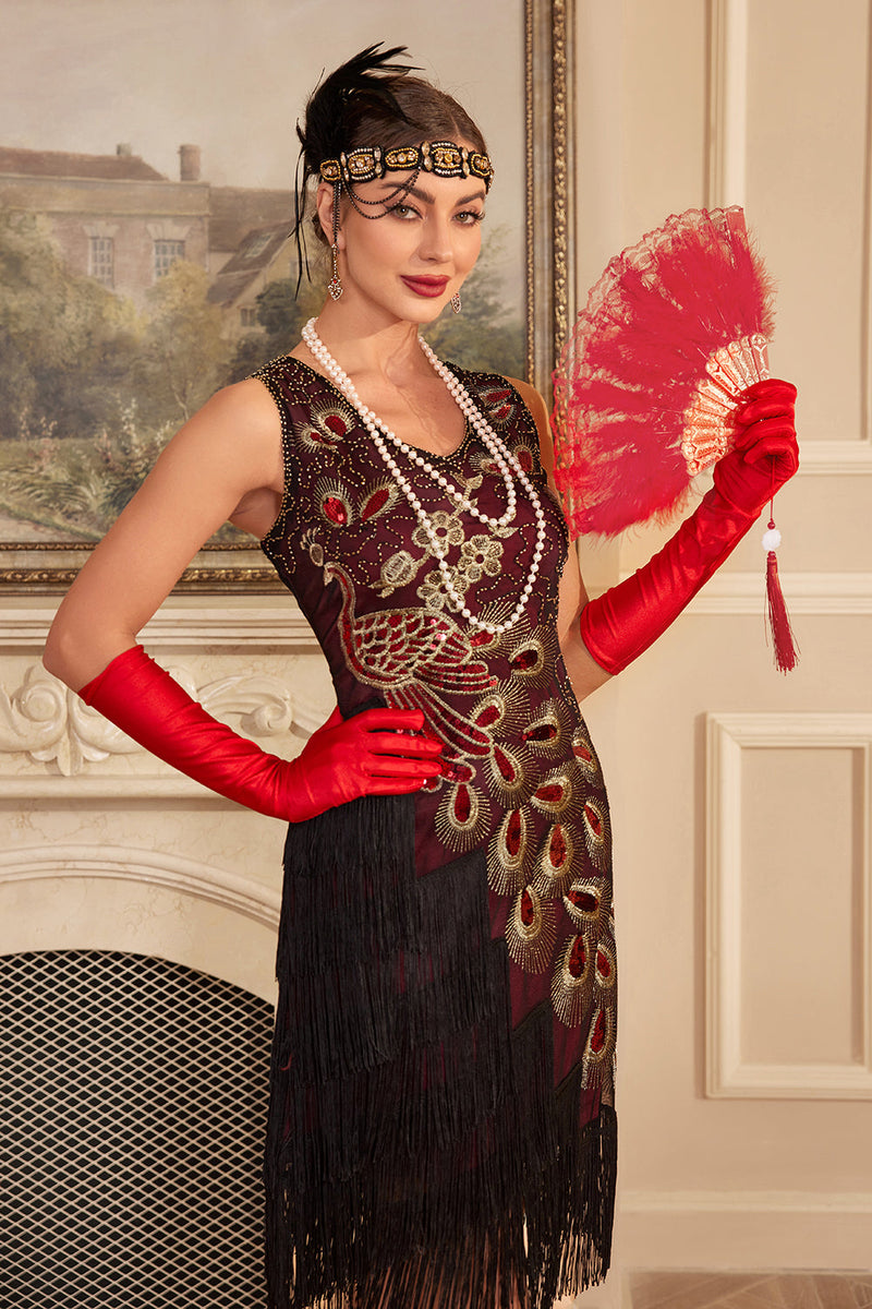Load image into Gallery viewer, Sparkly Burgundy Fringed Sequins 1920s Dress with Accessories Set