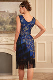 Sparkly Royal Blue Fringed Beaded 1920s Dress with Accessories Set