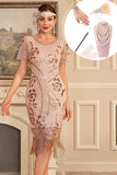 Sparkly Blush Fringes 1920s Dress with Accessories Set