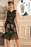 Green V-neck Sparkly Fringes 1920s Dress with Accessories Set