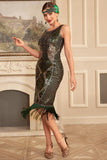 Fringes Green Sequins Sleeveless Flapper Dress with Accessories Set