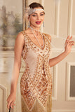 Apricot Sequins Fringe 1920s Flapper Dress with 20s Accessories Set