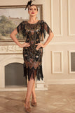 Black Golden Sequins Fringe 1920s Flapper Dress with 20s Accessories Set