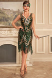 Green Golden Sequins Fringe 1920s Gatsby Dress with Accessories Set