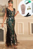 Green Golden Sequins Fringe Long 1920s Flapper Dress with Accessories Set