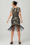 Black Golden Sequin Fringe 1920s Dress with 5-Piece Accessories Set
