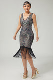 Black Apricot Bodycon Fringed Sequin 1920s Dress With 5-Piece Accessories Set