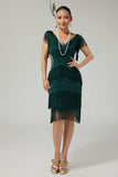 Dark Green Sequin Bodycon Tiered Fringed 1920s Dress with With 5-Piece Accessories Set